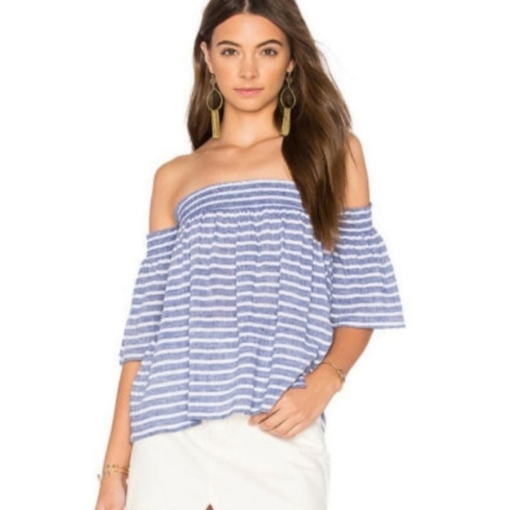 Rails Isabelle Off The Shoulder Blue and White Striped Linen Rayon Top Size S